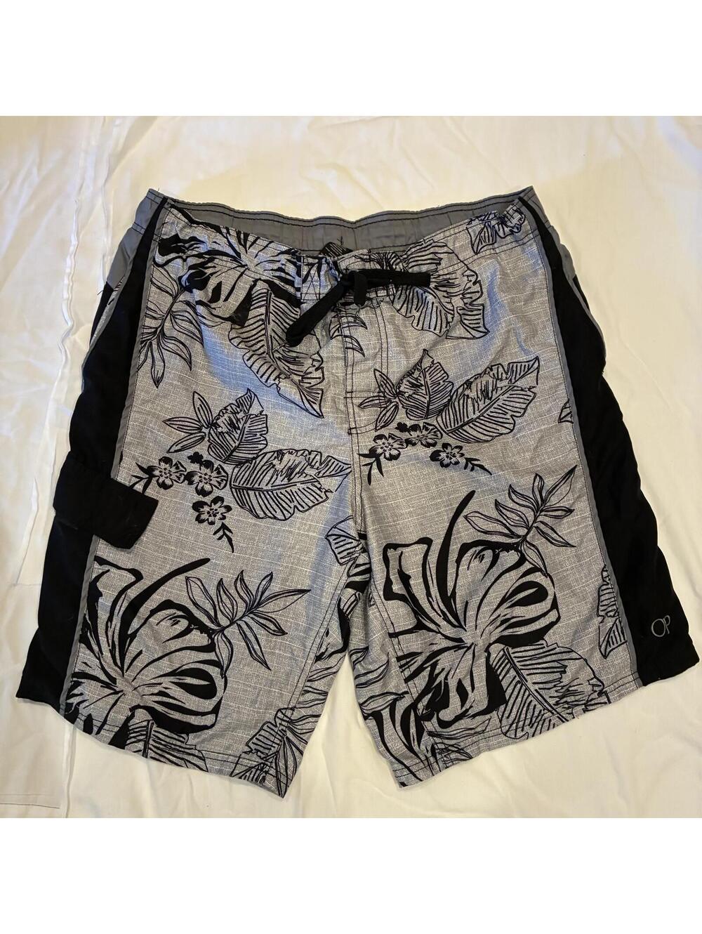 Op Ocean Pacific Mens L (36-38) Mesh Lined Gray Hibiscus Flower Board Shorts